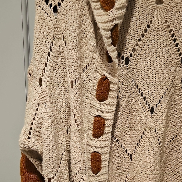 Vintage 80s Crochet Cardigan Long Cream Brown Knit Bohemian Large Retro Patches - Picture 3 of 12
